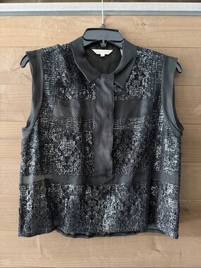 Rebecca Taylor Black Lace-Overlay Sleeveless Collared Camisole